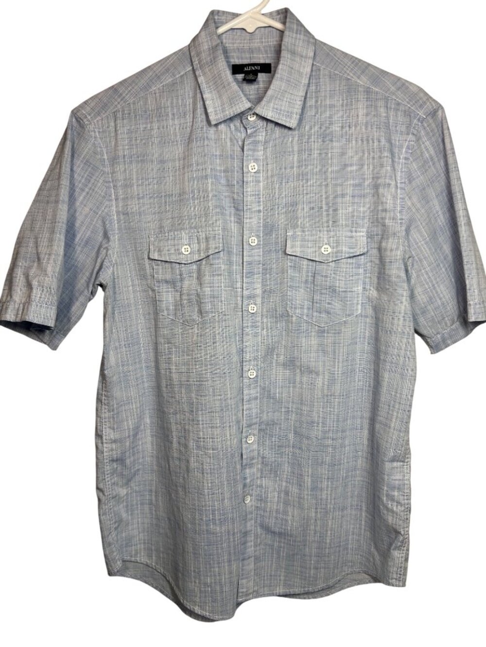 Alfani Mens Light Blue Plaid Short Sleeve Button-Down Shirt S Cotton Blend